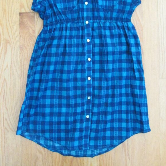 l.e.i. WOMEN'S JUNIOR'S SIZE S TOP NAVY BLUE & TEAL PLAID TUNIC MARIBETH SS NWT - Picture 2 of 12